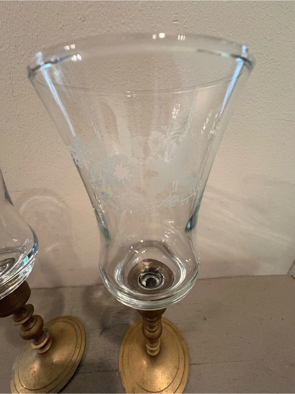 Two VTG Brass Taper Candlesticks With Clear Glass Hurricane Shades